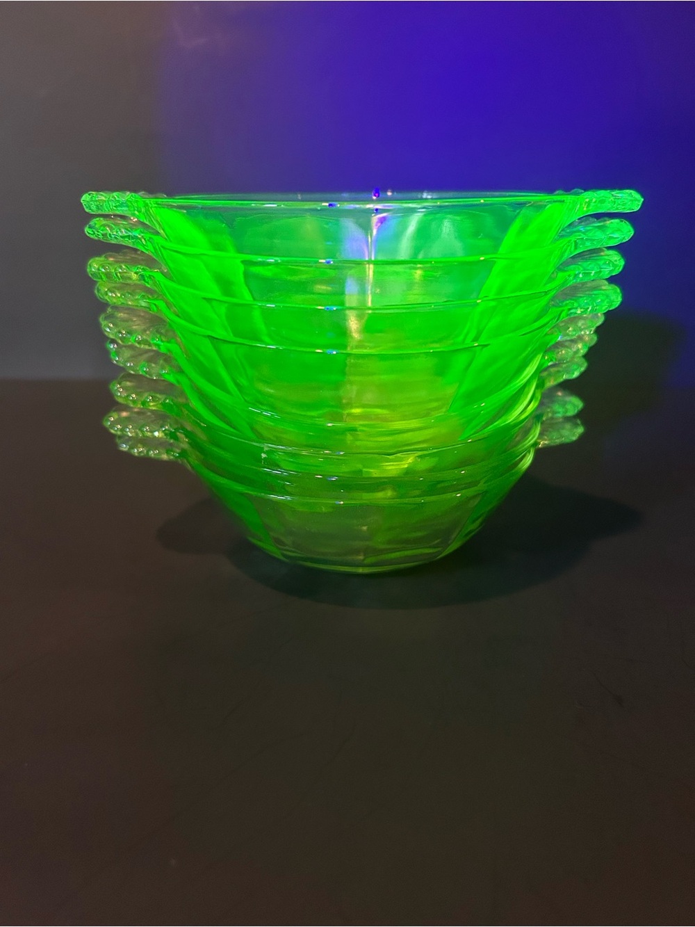 Anchor Hocking Uranium Depression Glass Scalloped Handled Berry Bowls Set of 9